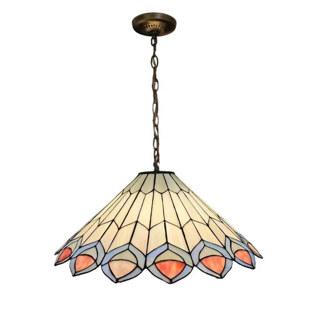 Tiffany Style Stained Glass Pendant Light Peacock Feather Slag Glass Lamp Cream